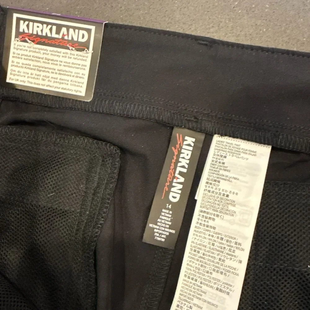 NWT Kirkland Signature Ladies Travel Pants Black Size 14 Zip Phone Pocket